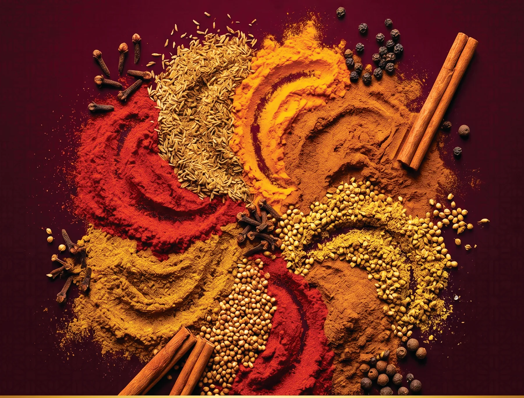 Poudres d'épices disposées en spirale : paprika, cumin, curcuma, cannelle, coriandre, clous de girofle et poivre